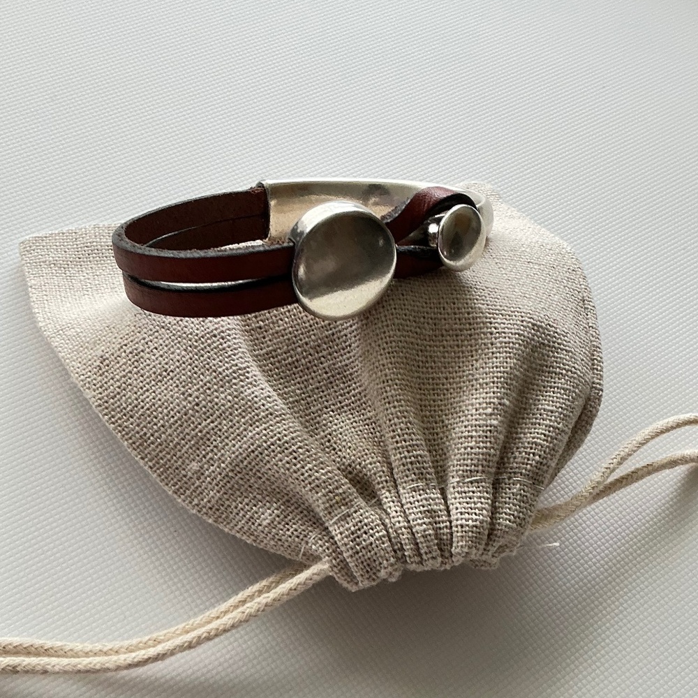 Leather and Silver Tone Bracelet
